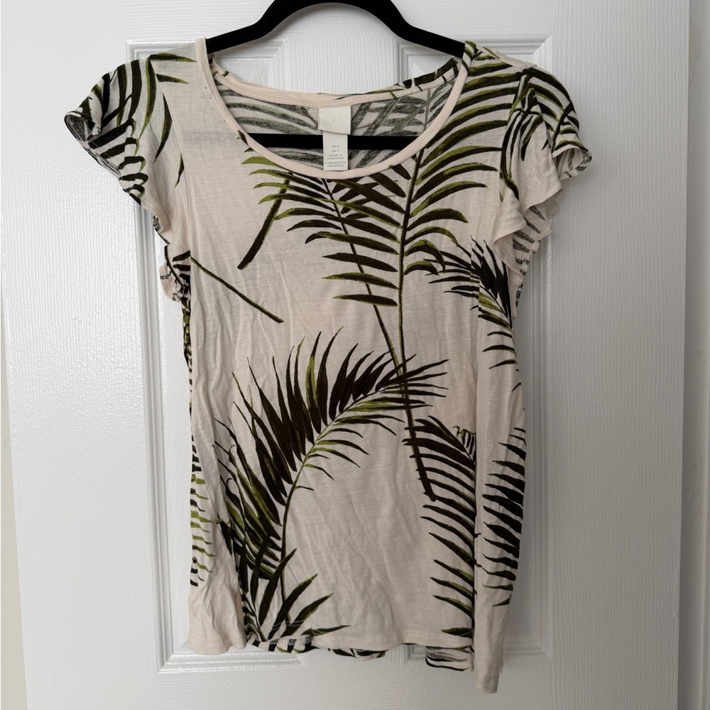 H&M Cream Top with Green and Black Leaf Print